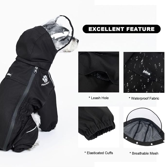 PINA Lightweight Dog Raincoat with Hood, Jacket Poncho - Waterproof Dog Jacket with Leash Hole, Reflective Strap and Pocket for Wet Weather, Full Wrap Design for Full Protection