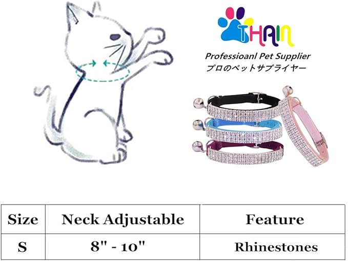 THAIN Rhinestones Cat Dog Collar Soft Velvet Safe Adjustable Collar Bling Diamante with Bells, 8-11 inch for Small Dogs and Cats (Pink)