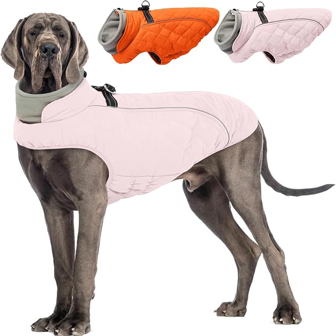 Dog Coat with Harness Built in -Pink,3XL- Fleece Lined Dog Snow Jacket Snowsuit，Adjustable Reflective Winter Warm Cold Weather Coat