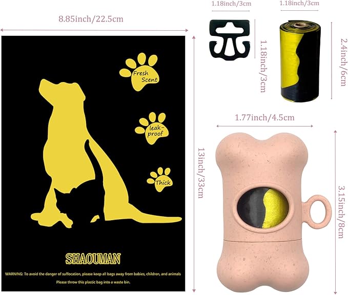 Bone-Shaped Dog Poop Bag Holder for Leash |Dispenser with 135Leak-Resistant Waste Bags & Carabiner Clip（Pink）