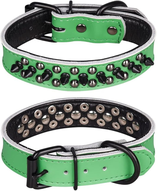 Adjustable Genuine Leather Spiked Studded Dog Collars for Small Medium Large Pets Like Pit Bull Bulldog Pugs Husky (S, Green1)