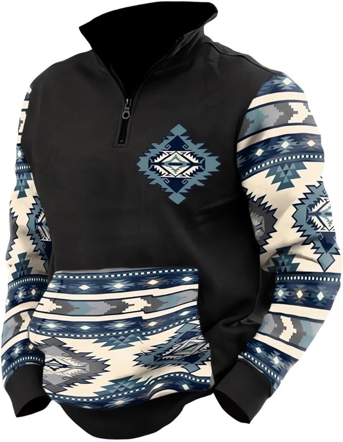 HOTYD Aztec Cowboy Mens Hoodie Vintage Graphic Western Hoodies Casual Long Sleeve 1/4 Zip Pullover Mens Country Jacket