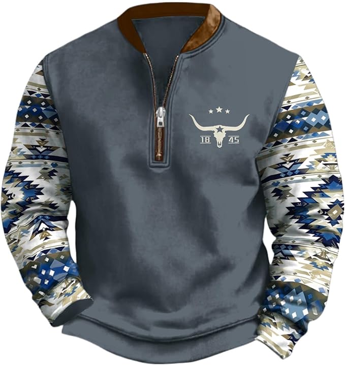 HOTYD Aztec Cowboy Jacket Men Vintage Bullhorn Printed Oversized Western Sweatshirt Long Sleeve Quarter Zip Pullover