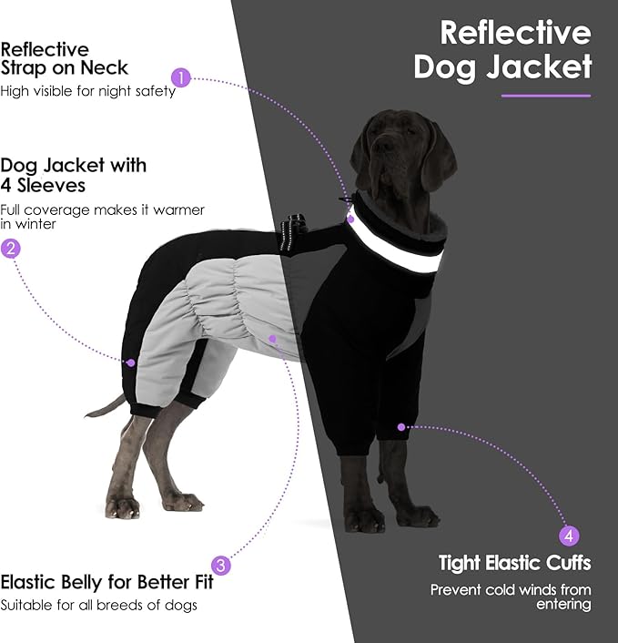 SUNFURA Full Body Dog Coat - Warm Fleece Jacket for Small Dogs, Turtleneck Winter Coats with Harness, Reflective Dog Snowsuit Windproof Puffer Jackets with Legs for Pug, Jack Russel, Black S
