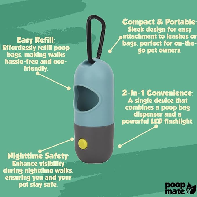 Dog Poop Bag Dispenser with LED Flashlight for Night Walks – Leash Clip & Metal Carabiner – Pet Waste Bag Holder Includes 1 Roll (15 Dog Poop Bags) – Durable, Portable – Pink