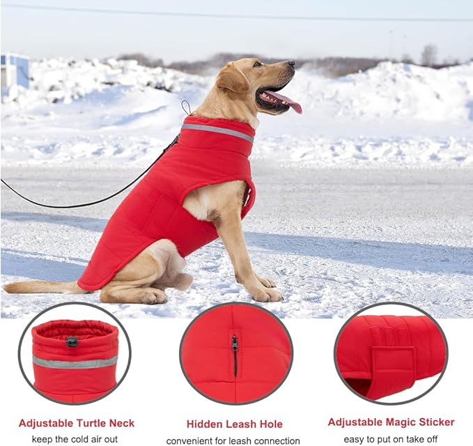 Dog Coat, Waterproof Winter Jacket, Warm Windproof Vest, Reflective Adjustable Turtleneck Coats for Large Dogs with Hook & Loop - Red - XL