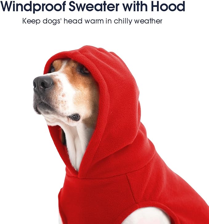 IECOii XXL Dog Hoodie for Large Dogs, Fleece Dog Sweatshirt for Large Breed Male Female Dogs,Pet Pouch Hoodie Winter Sweater Coat with Leash Hole, Warm & Lightweight Outfit for Pitbull, Red, 2XL