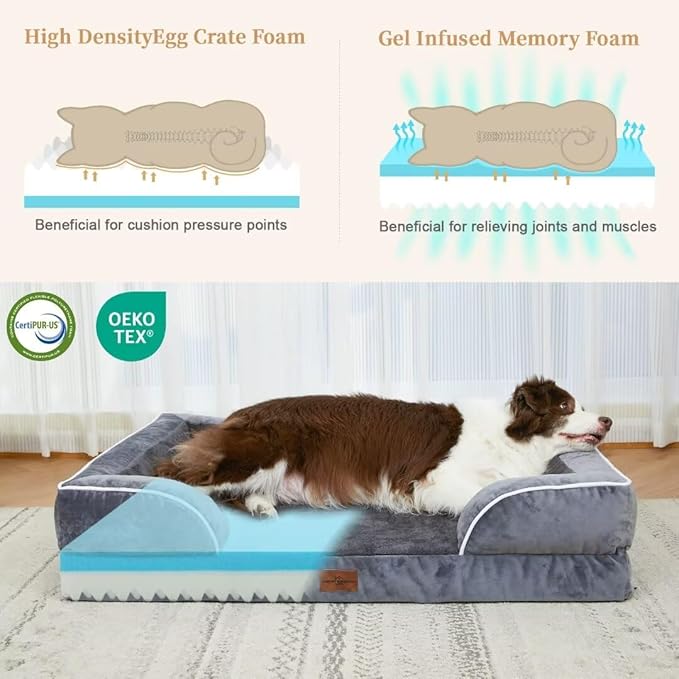 Comfort Expression Orthopedic Dog Bed for Extra Large Dogs 42x30 Inch, Waterproof Supportive Memory Foam XL Pet Bed with Removable Bolster, Dog Couch with Washable Cover & Non-Slip Bottom, Leaden Grey