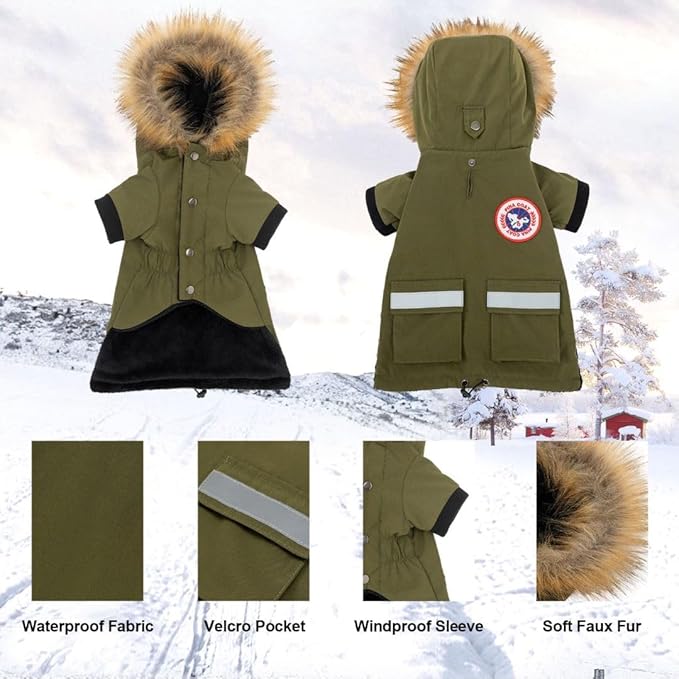 PINA Small Dog Coats - Waterproof, Warm Winter Jacket with Faux Fur Hood, Reflective, Flannel Lined, Windproof, Pocket