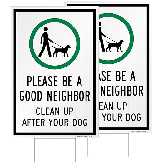 SmartSign 12" x 18" (2-Pack) Be A Good Neighbor Clean Up After Your Dog Yard Sign with 15" Metal H-Stake, Double Sided, Large 160 mil Thick Corrugated Plastic Lawn Signs, Water Resistant, USA-Made