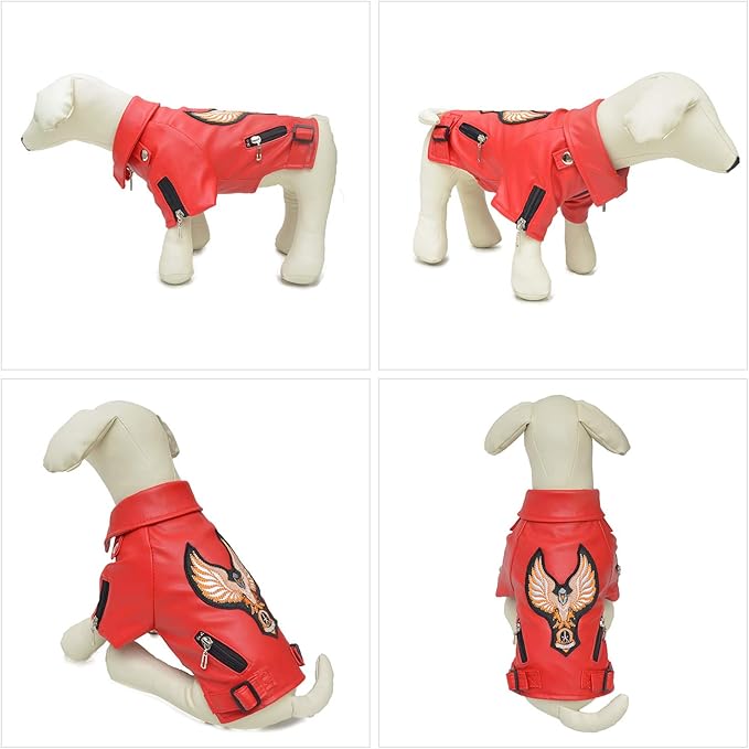 Lovelonglong Cool Dog Leather Jacket, Warm Coats Dogs Windproof Cold Weather Coats for Large Medium Small Dogs with Eagle Embroidery Red L-L