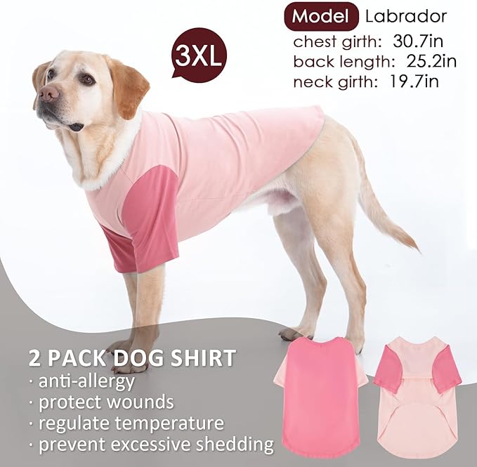 2 Pack Large Dog T-Shirts 3XL - Breathable Lightweight Cotton Shirt for Dogs, Shedding Control Sun Protection Summer Clothes for Large Breed Husky, Labrador, Day Walk, Sea, Park Play, Pink