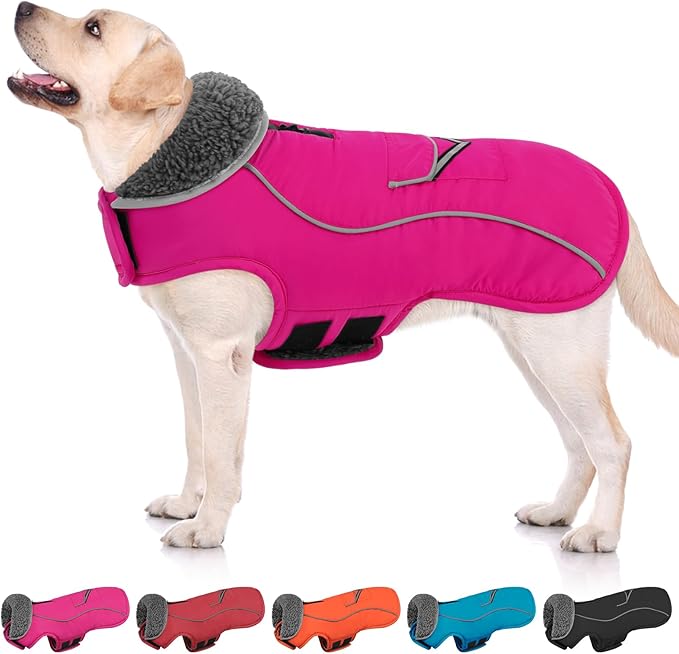 SUNFURA Large Dog Coat, Warm Dog Winter Coat Jacket with Thick Furry Collar, Adjustable Pet Fleece Jacket Turtleneck Snowsuit for Large Dogs for Chilly Day, Hot Pink XL