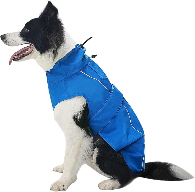 Waterproof Dog Raincoat, Adjustable Lightweight Dog Rain Jacket with Reflective Strip Leash Hole for Small Medium Large Dogs (Blue, XX-Large(55-77lb))