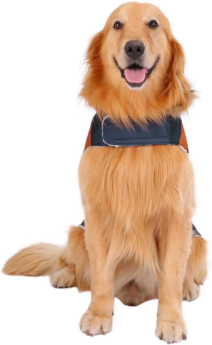 HDE Dog Puffer Jacket Fleece Lined Warm Dog Parka Winter Coat with Harness Hole Navy Retro Stripe - XXL
