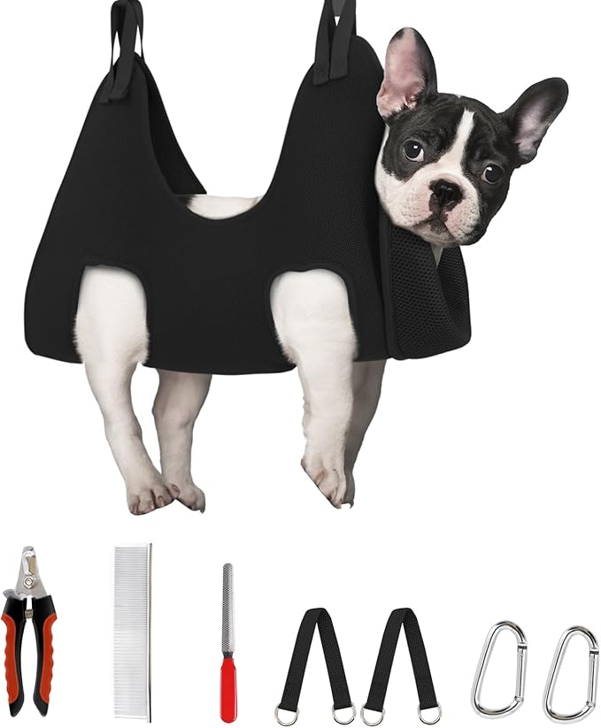Supet Dog Grooming Hammock Harness for Dogs Cats, Relaxation Pet Nail Clipper Hammock, Restraint Dog & Small Animal Leashes Sling for Groomingk for Nail Trimming (Black, S)