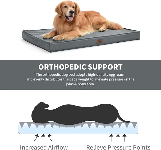 Outdoor Orthopedic Dog Bed, Waterproof Dog Bed for Large Dogs 36x27 Inch, Egg Crate Foam Pet Mat with Washable Removable Oxford Cooling Cover, Grey