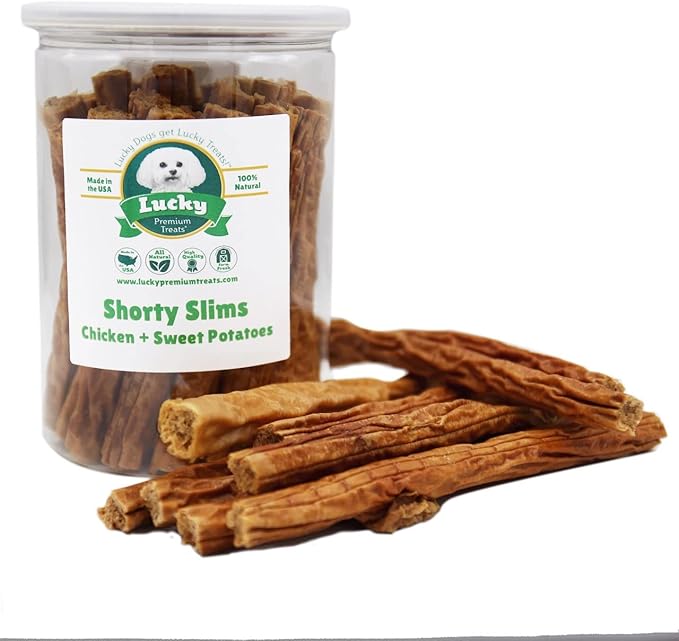 Lucky Premium Treats Lucky Shorty Slims - Sweet Potato and Chicken Jerky Dog Treats, Crunchy Dog Chew Sticks with Real Chicken and Sweet Potato for Small to Large Dogs (29 Count)