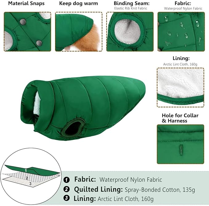 ASENKU Dog Winter Coat - Waterproof Windproof Dog Jacket, Warm Snowproof Doggie Puffer Vest for Cold Weather, Lightweight Snow Coats for Small Medium Large Dogs (S, Green)