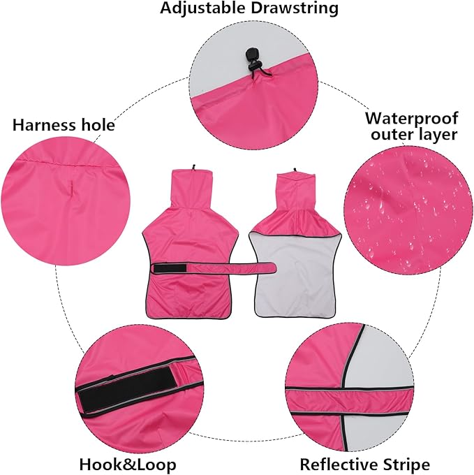 Dog Raincoat with Reflective Bar, Rain/Water Resistant, Adjustable Vest - Dog Raincoats for Greyhounds, Lurchers and Whippets - Pink - XXL