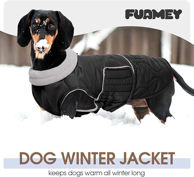 FUAMEY Extra Large Warm Dog Coat Waterproof, Adjustable Sherpa Jackets for Dogs Sow Outdoor, Turtleneck Doggy Vest with Fleece Lined, Thermal Pet Winter Outfits (Black, XL)