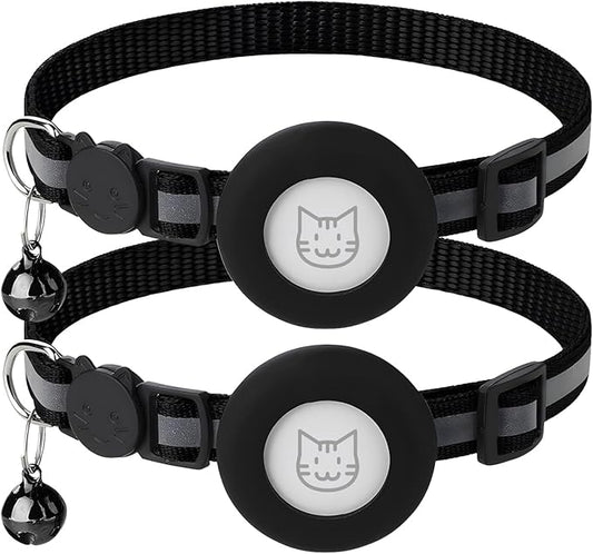 2 Pack Airtag Cat Collar with Bell, Reflective Nylon Kitten Collar with Apple Air Tag Holder and Breakaway Safety Buckle for Puppy Girl Boy Cats, 3/8" in Width and Lightweight, Black