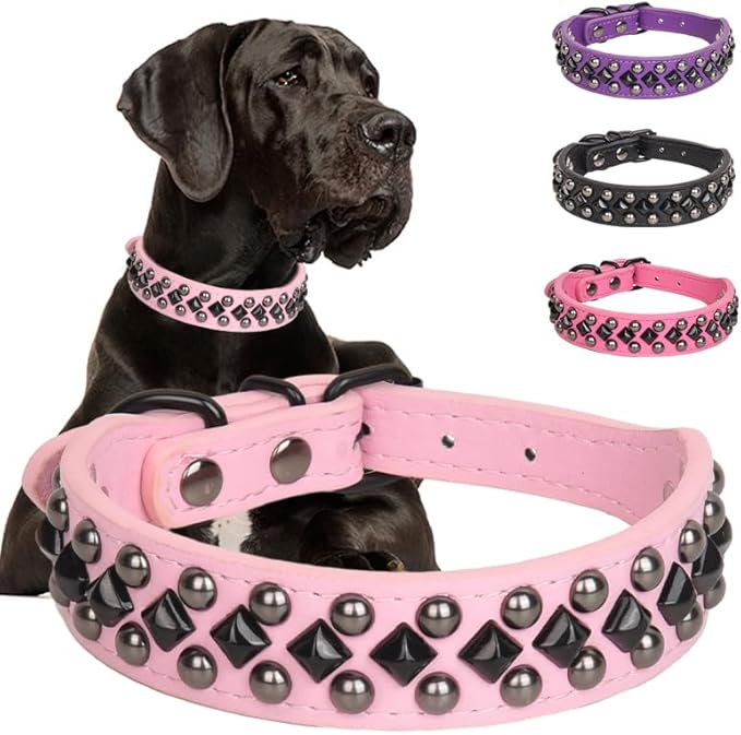 Serijoars Spiked Studded PU Leather Dog Collar for Small, Medium, Large Breeds, Pit Bull, Bully, Husky, Terrier, Adjustable (Pink, L (41-47CM))
