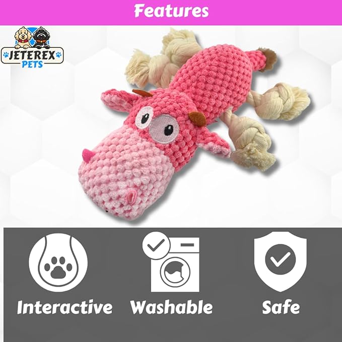 Large Dog Toy - Pink Cow Squeaky Dog Toys for Large Dogs, Medium and Small Dogs. Interactive with Pineapple Plush Fabric, Rope Legs, Hidden Seams, Reinforced Stress Points