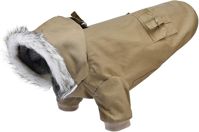 Warm Dog Hooded Trench Coat Windproof Parka Jacket for Cold Weather (S, Khaki)