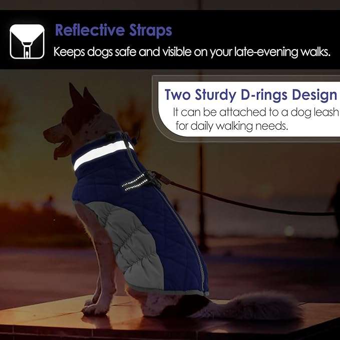 AOFITEE Dog Coat, Warm Dog Winter Coat for Small Dogs, Reflective Turtleneck Dogs Jacket with Harness Built in, Waterproof Windproof Pet Fleece Vest Snow Jacket for Cold Weather, Blue S