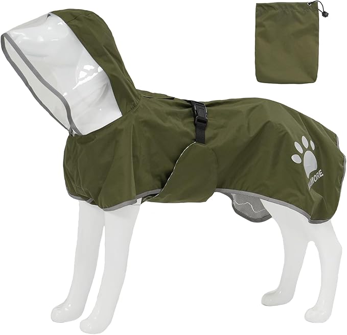 MAMORE Dog Raincoat Hooded Rain Jacket for Small Medium Large Dogs Slicker Poncho Bottom Waterproof Adjustable Reflective Breathable Leash Hole (Army Green, XX-Large)