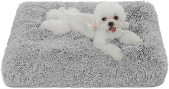 Bedfolks Waterproof Crate Bed, Plush Dog & Cat Kennel Pad with Removable Cover, Faux Fur, Washable, 21"x13", Solid Light Grey