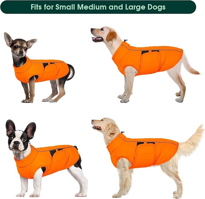 Kuoser Dog Jackets for Small Dogs, Warm Dog Coat with Harness Built in, Puppy Winter Jacket Pet Clothes for Cold Weather, Reflective Waterproof Doggie Winter Vest for Pug Dachshund, Orange S