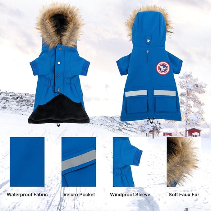 PINA Small Dog Coats - Waterproof, Warm Winter Jacket with Faux Fur Hood & Pocket