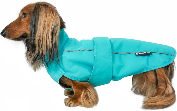 DJANGO Dog Jacket & Raincoat – Lightweight Water-Resistant Coat for Small, Medium & Long Dogs Like Dachshunds – Reflective, Adjustable Fit, Harness-Compatible & Easy-Access Harness Hole - Blue, Large