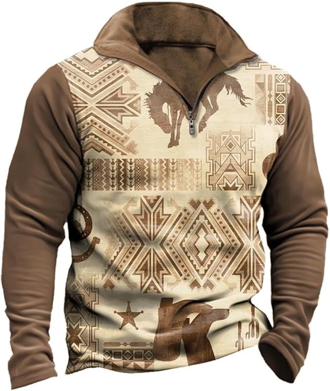 HOTYD Aztec Cowboy Mens Hoodie Vintage Graphic Western Hoodies Casual Long Sleeve 1/4 Zip Pullover Mens Country Jacket