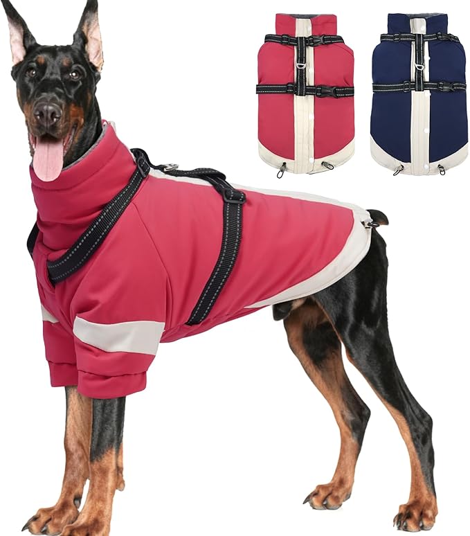 MIGOHI Dog Coat with Harness Built in, 2-in-1 Thermal Dog Jacket, Reflective Snowsuit for Large Dogs, Fleece Lined with Turtleneck, Adjustable Buckle Coats, Border Collies, Pink, XL