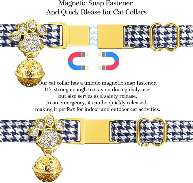 Personalized Breakaway Cat Collars - Magnetic Buckle, Bell - Safety Quick Release, Customized for Girls & Boys Cats- (Houndstooth-Navy)