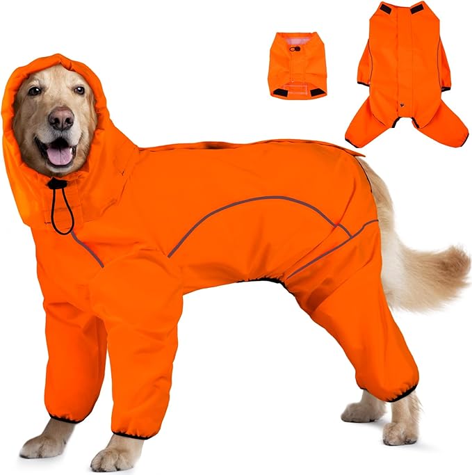 Dog Raincoat, Waterproof Dog Rain Jacket with Removable Hood，Adjustable 4 Legs Pet Poncho with Leash Hole，Reflective Stripe Hooded Snowproof Windproof Clothes for Small to 3X-Large Dogs, XL