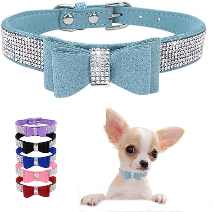 Serijoars Small Dog Collar with Rhinestone Crystal Diamond Colorful Bling Girl Puppy Cat Collars (M, Light Blue1)