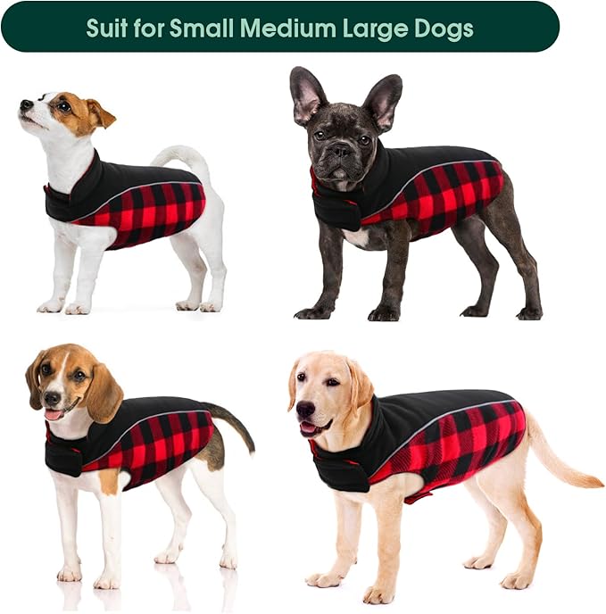 Kuoser Dog Winter Coat, Reversible Waterproof Dog Jacket with Reflective Strip, Warm Dogs Fleece Vest Adjustable Doggy Cold Weather Clothes Plaid Christmas Outfit Pet Apparel for Small Dogs, Red XS