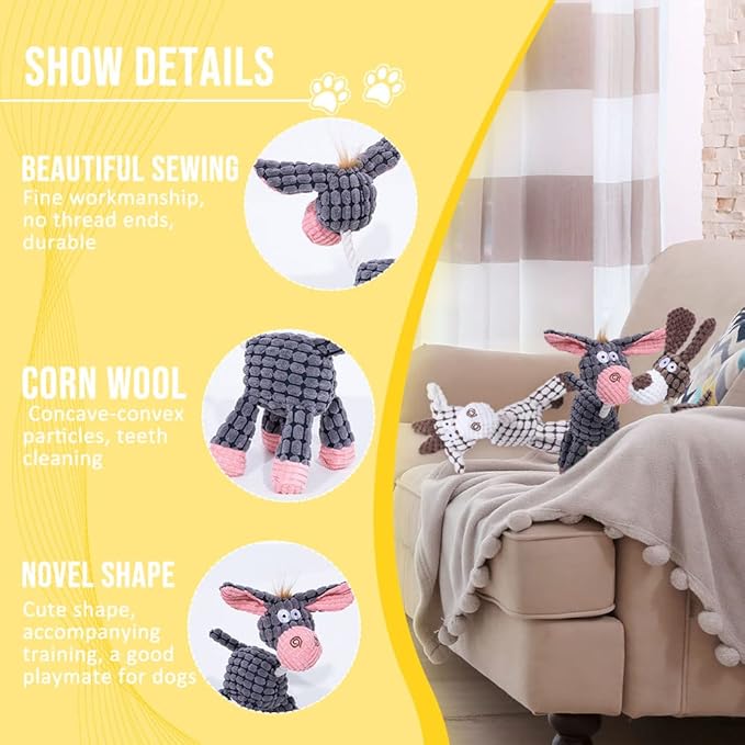 Soputry Plush Squeak Pet Toy, Interactive Stuffed Sound Toy for Small Medium Large Dogs, Squeaky Chew Toy (Donkey)