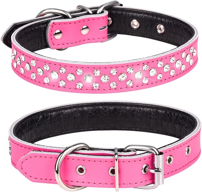 Rhinestones Dog Collar, Adjustable Sparkly Crystal Studded Genuine Leather Pet Dog Collar for Small and Medium Dogs (M, Hot Pink)