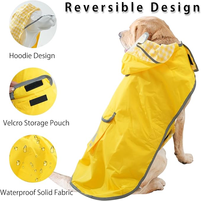 MAMORE Dog Raincoat Reversible,Waterproof Dog Rain Coat Hooded Slicker Poncho with Reflective Strip, Plaid Double Layer Rain Jacket for Small Medium Large Dogs (Yellow, XX-Large)