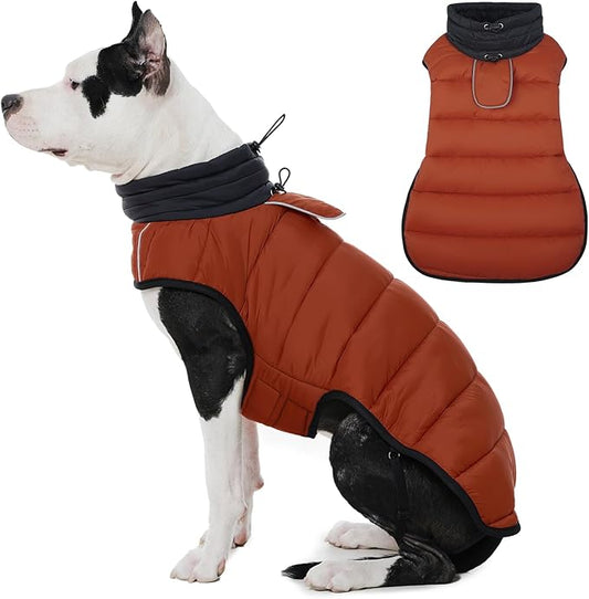 IDOMIK Dog Winter Coat, Warm Waterproof Dog Puffer Jacket with Harness Hole, Adjustable Reflective Snow Jacket Vest with Turtleneck, Pet Cold Weather Coats for Large Dogs,Caramel,L