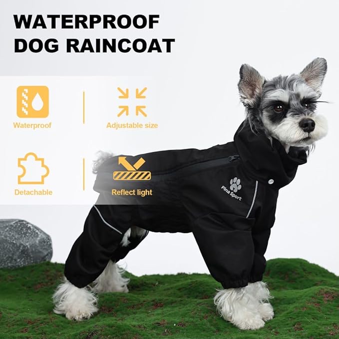 PINA Lightweight Dog Raincoat with Hood, Jacket Poncho - Waterproof Dog Jacket with Leash Hole, Reflective Strap and Pocket for Wet Weather, Full Wrap Design for Full Protection
