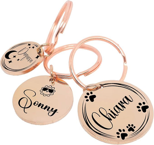 Super Customizable Pet Tags ID for Cats & Dogs | Cat tag: Durable Stainless Steel. Custom Engraved Dog Tags for Collars, Harnesses & Leashes | Many Fonts & Design (Champagne, Round)