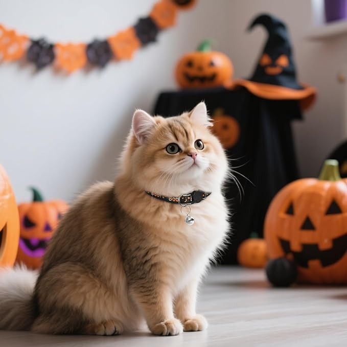 Halloween Cat Collar with Bell, Adjustable Comfortable Kitten Halloween Collar Breakaway, Boo! Patterns Safety Holiday Cat Collars for Boys Girls,Kitten,Puppy Black (7.5"-12.5")