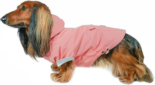 DJANGO Highland Dog Jacket & Raincoat – Water-Repellent, Lined Dog Coat with Hood, Adjustable Fit & Harness Hole – Lightweight Rain & Wind Jacket for Small & Medium Dogs up to 30 lbs (Pink, Small)