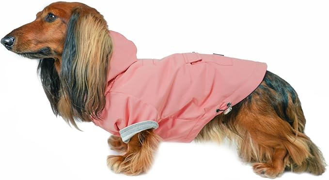 DJANGO Highland Dog Jacket & Raincoat – Water-Repellent, Lined Dog Coat with Hood, Adjustable Fit & Harness Hole – Lightweight Rain & Wind Jacket for Small & Medium Dogs up to 30 lbs (Pink, Medium)